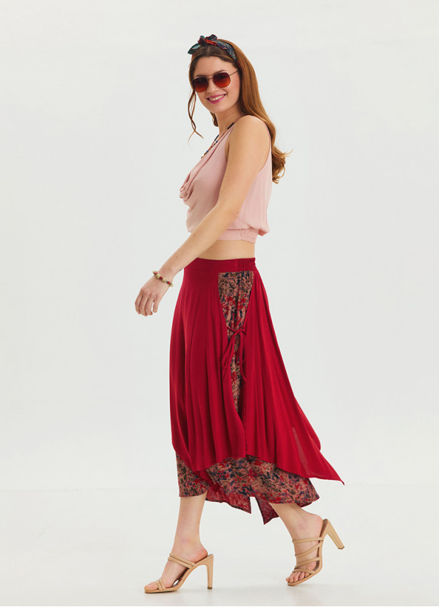 Red Asymmetrical Skirt with Elastic Waist and Tie Detail 4518